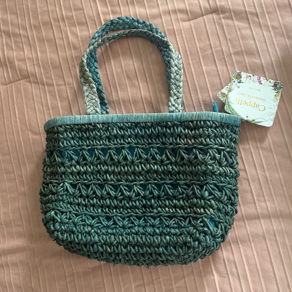 Cappella Straworld Boho Beach Bag Tote Zipper Closure Handwoven Teal Crochet